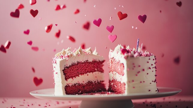 Delicious red velvet cake with heart decorations and candle on a plate for valentine's day celebration concept - Powered by Adobe