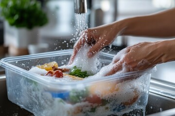 Fototapeta premium Hands immersed in soapy water cleaning fresh vegetables, showcasing a routine yet satisfying task that emphasizes hygiene and food preparation in the kitchen.