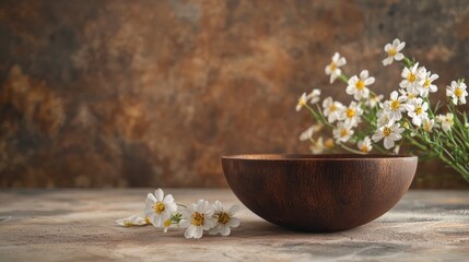 Rustic wooden bowl with delicate white flowers