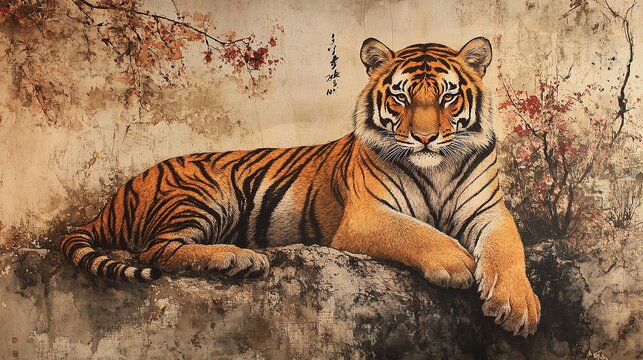 A majestic tiger lies on a rock, surrounded by delicate branches and red blossoms, in an artistic interpretation of Chinese painting.