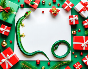 A green lizard and snake on a white card surrounded by Christmas decorations.
