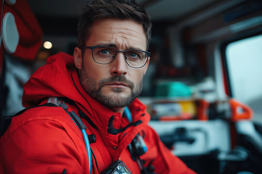 Serious paramedic in red uniform sits inside ambulance. Emergency medical pro is focused. Professional medical worker in vehicle ready for action. Image good for emergency services ads or posters.