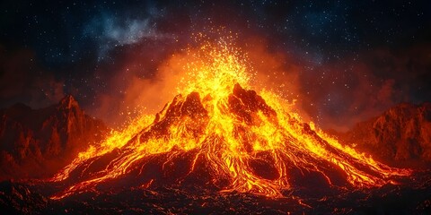 A breathtaking view of an erupting volcano under a starry night sky, showcasing vibrant lava flows and a dramatic landscape filled with molten rock and glowing embers.