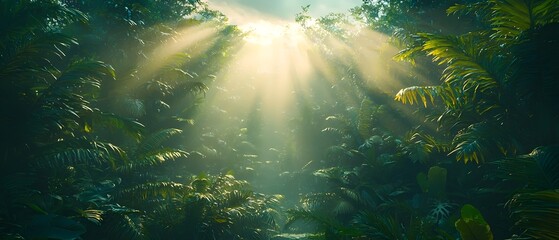Obraz premium A serene forest scene with soft rays of sunlight filtering through lush green foliage, creating a mystical atmosphere filled with tranquility and nature's beauty.