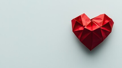 Red origami heart on minimalist white background symbolizing love and romance for valentine's day concept