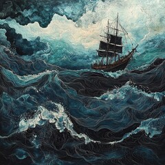 Obraz premium A solitary ship navigates rough seas under a stormy sky.