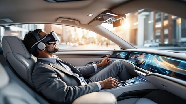 Businessman experiencing virtual reality in a self-driving car with futuristic technology - Powered by Adobe