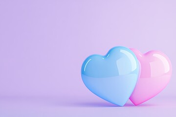 Pastel pink and blue hearts on purple background: symbol of love and romance