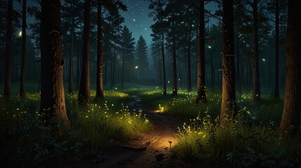 Fototapeta premium Magical night forest path with fireflies and glowing plants.