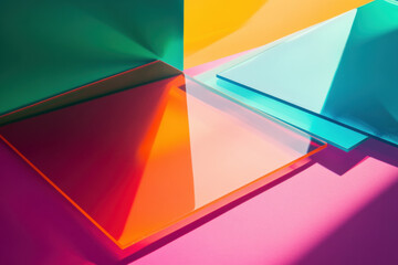 Fototapeta premium Bright colorful abstract background made by transparent colored glass Empty product display showcase