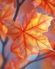 A vibrant close-up of an orange autumn leaf, showcasing intricate vein patterns illuminated by soft light, creating a warm and inviting atmosphere.