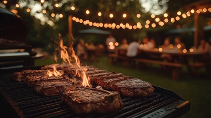 Grilling steaks at a festive outdoor gathering with warm lights in the background.