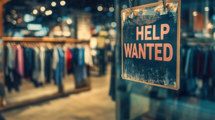 Help wanted sign at store during busy holiday shopping season.