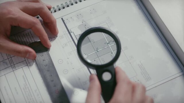 Architect reviewing blueprints with magnifying glass and ruler.