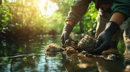 Cleaning Waste from River in Natural Light