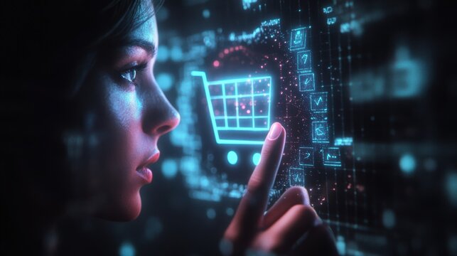 Glowing shopping cart hologram digital sale promotion poster design for holiday shopping season.