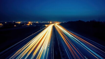 Nighttime highway with light trails from moving vehicles, showcasing urban transport.