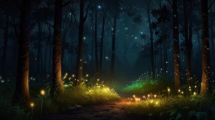 Fototapeta premium Mystical, glowing forest path at night. Lush foliage, glowing fireflies, and starry sky create a magical ambiance.