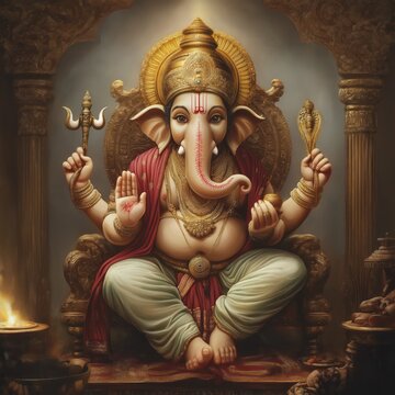 Lord Ganesha sits on ornate throne. Divine figure with elephant head. Richly adorned with golden jewelry, vibrant colors. Holy hindu god. Traditional indian style. Peaceful image. Cultural