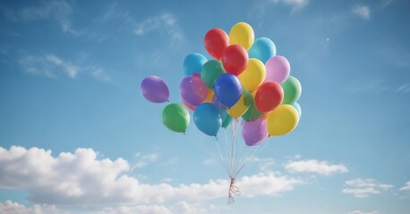 A bunch of brightly colored balloons floating gently in the air on a serene blue sky with no visible objects below them, clear sky, tranquil atmosphere