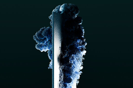Blue abstract particles attached to vertical object