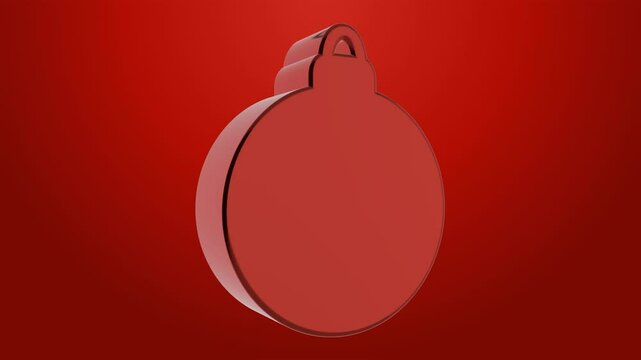 red metallic christmas tree bauble icon symbol, 3d reflective object logo ident, spins into frame and makes 180 rotation, on a gradient background