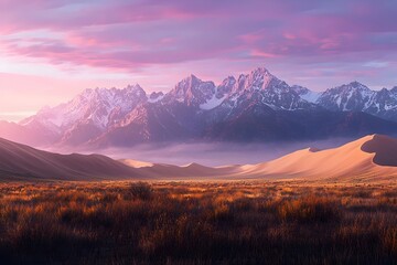 Obraz premium Stunning landscape at dawn featuring dramatic mountains under a pastel sky, with golden sand dunes and wild grasses in the foreground, evoking a serene and dreamy ambiance.