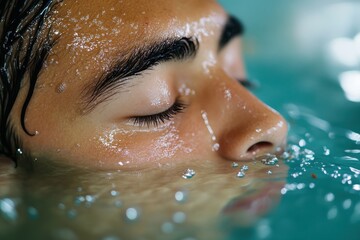 Fototapeta premium This close-up image showcases a serene young male's face submerged in water, evoking feelings of calmness and introspection amidst the gentle bubbles surrounding him.