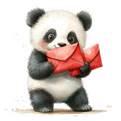 Fototapeta premium Adorable panda holding red envelopes, showcasing playful and cheerful expression. This charming scene captures essence of joy and curiosity in delightful way.