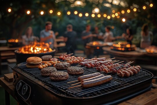 Friends and family enjoy a backyard BBQ party. Food is grilling on a barbecue outdoors. Evening atmosphere with warm lights. Festive mood. People socialize and enjoy food and drinks.