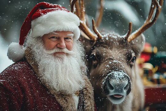 Santa Claus standing with his reindeer
