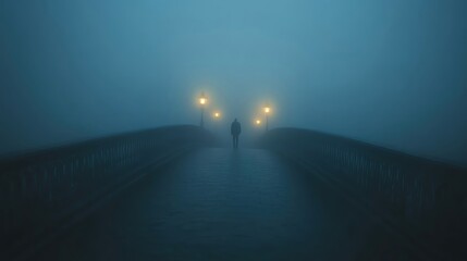 A lone figure standing on a foggy bridge at midnight, with the soft glow of streetlights barely illuminating the scene