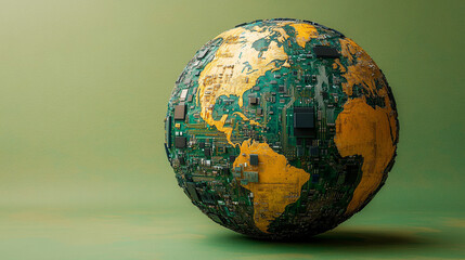 Fototapeta premium globe made of circuit boards and microchips symbolizes the fusion of technology and the world, representing digital connectivity, innovation, and the growing influence of tech in modern life