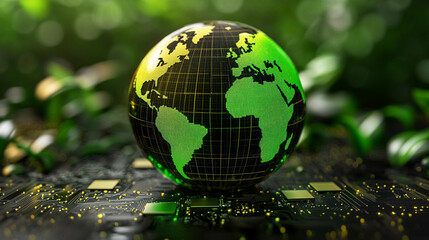 globe made of circuit boards and microchips symbolizes the fusion of technology and the world, representing digital connectivity, innovation, and the growing influence of tech in modern life
