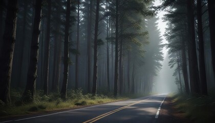 Obraz premium A single light pole illuminates a narrow stretch of dark forest road with tall trees looming in the background, nighttime scene, narrow road
