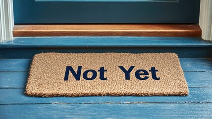 Coir doormat with "Not Yet" message placed at blue wooden doorstep