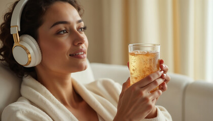 A serene woman relaxes with music and a refreshing drink on a cozy chair, capturing a moment of tranquility and self-care. Her expression exudes calm and contentment in a peaceful setting.

