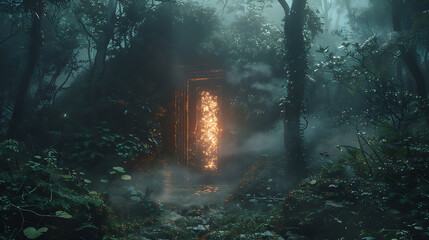 Mystical Portal in Foggy Forest Revealing Enigmatic Light, Surrounded by Lush Green Foliage and Dreamy Atmosphere Featuring Dense Mist and Enchanting Flora