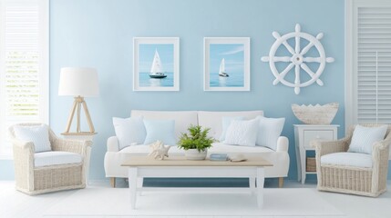 Coastal Living Room with Light Blue Walls and Nautical Decor