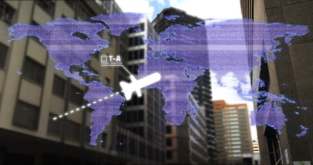 World map with red circle highlighting region over city buildings image