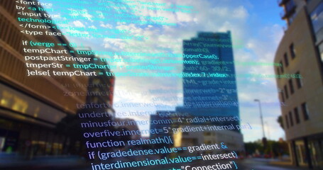 Computer code image over cityscape with skyscrapers and cloudy sky