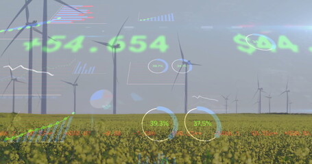 Wind turbines in field with financial data processing image over landscape - Powered by Adobe