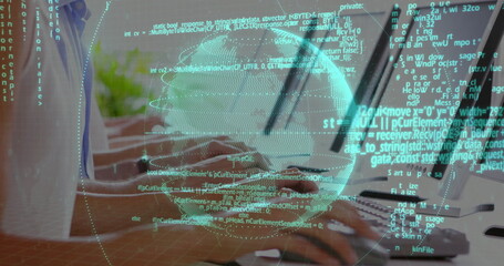 Image of financial data processing and globe over diverse business people using computers