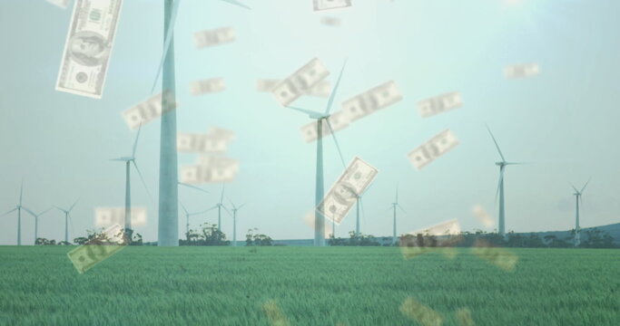 Wind turbines in green field with falling money image - Powered by Adobe