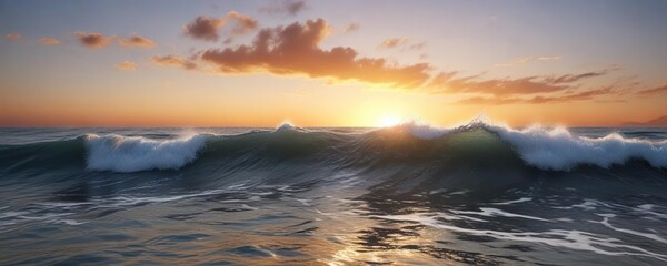 Obraz premium Ocean waves in shades of blue and orange against a bright sky, natural beauty, cloudless sky