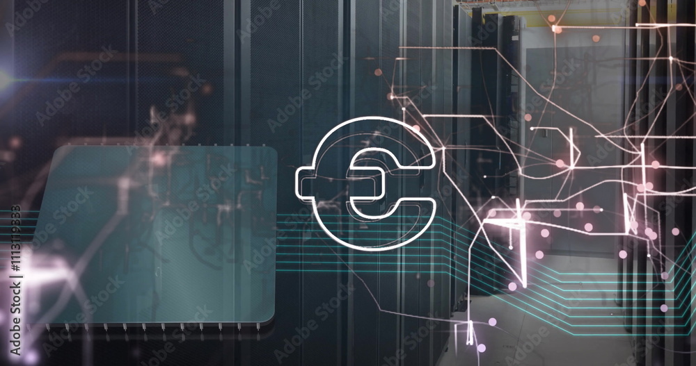 Poster image of euro sign over network and data processing over computer servers