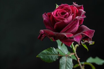 Elegant dark red rose with lush petals and green leaves, set against a contrasting black background. Beautiful floral concept for love and romance.