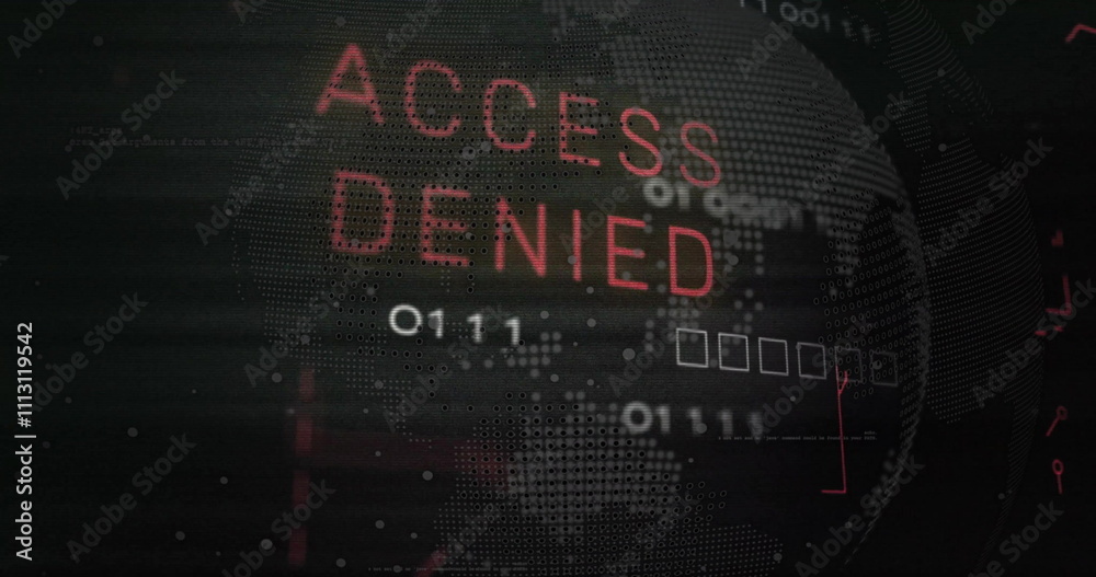 Poster image of access denied text over processing data on black interface screen
