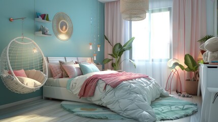 The bedroom exudes comfort with its plush king-sized bed dressed in soft linens and a scattering of accent pillows.