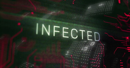Image of infected text over scanner and processing data on black interface screen